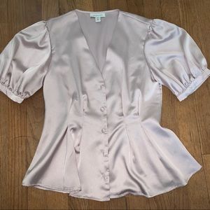 Silky v neck purple blouse with puff sleeves